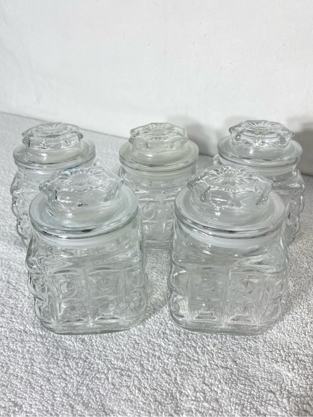 Vintage Pressed Glass Square Grid Spice Apothecary Candy Jars with Lids x5